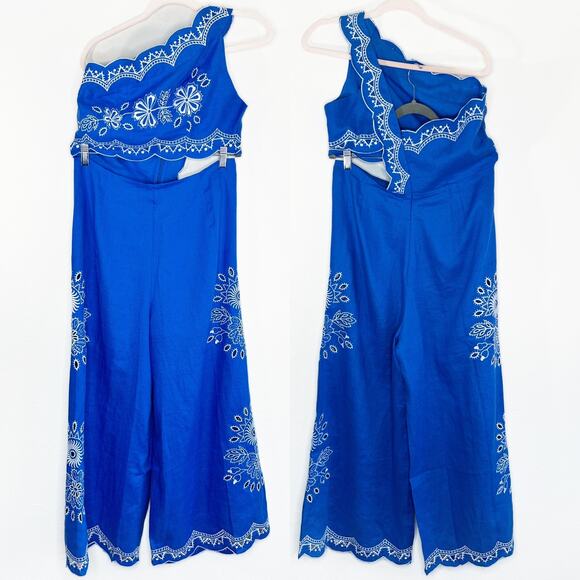 NWT Anthropologie Farm Rio One Shoulder Embroidered Cut Out Linen Jumpsuit Large - Picture 3 of 16